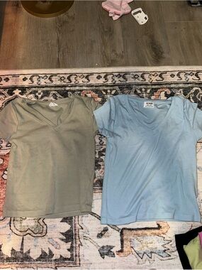 Set of 2 V-Neck Cotton On Tee Shirts in Light Blue and Olive Green